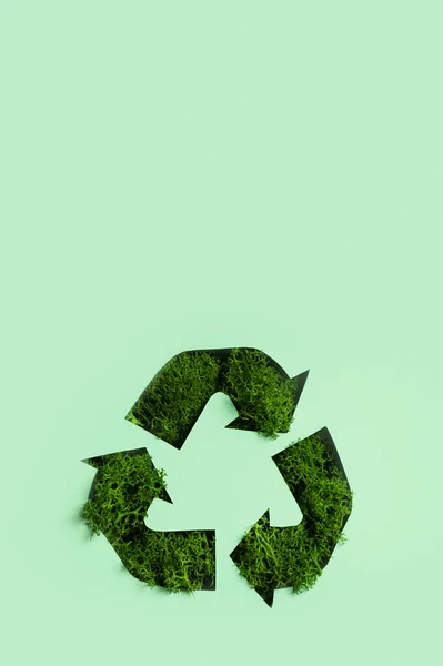Grünes Moos Unter Dem Recyclingsymbol Für Papierschnitt Rettet Den Planeten — Stockfoto