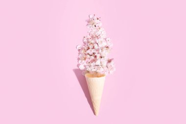 Pembe arka planda kiraz çiçeği yaprakları olan bir waffle konisi. İlkbahar yaratıcı fotoğrafı.