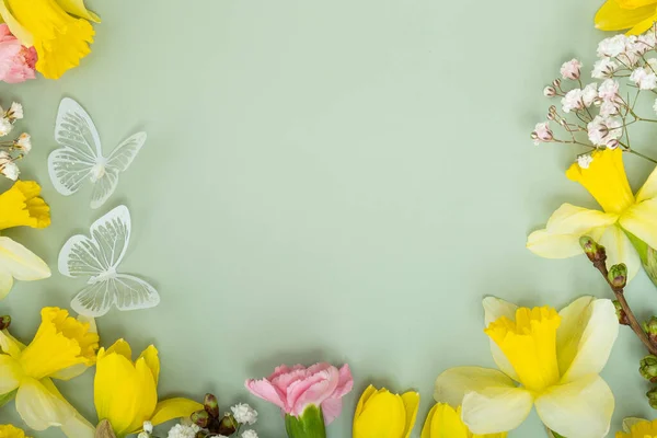 Spring Flowers Flat Lay Frame Composition Colored Background Copy Space — Stock Photo, Image