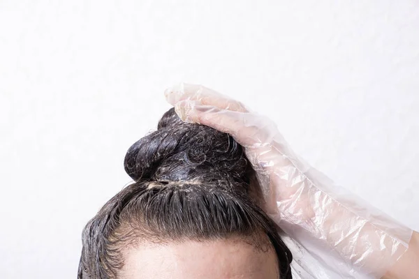 Women Hair Collected Bun Paint Applied Gloved Hand Hair Dyeing — Stock Photo, Image