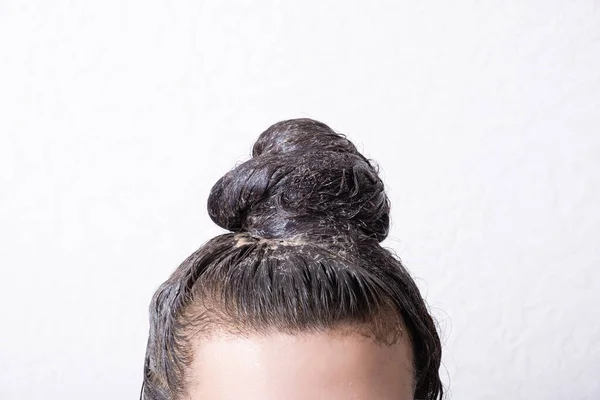 Women Hair Collected Bun Paint Applied Hair Dyeing Concept — Stock Photo, Image