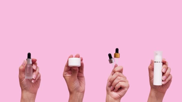 Flytta Kvinnlig Hand Med Kosmetiska Flaskor Pipetter Och Behållare Högkvalitativ — Stockvideo