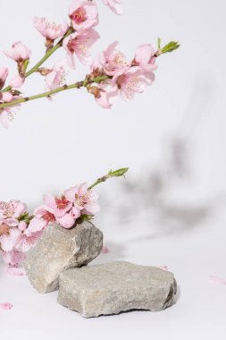 Podyum ya da doğa taşından bir heykel kiraz çiçekleri dallarıyla süslenmiş. Kozmetik modeli.