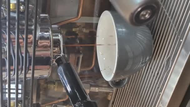 Кофеварка Делает Эспрессо Двух Чашках Кафе Вертикальное Видео Высококачественные Кадры — стоковое видео