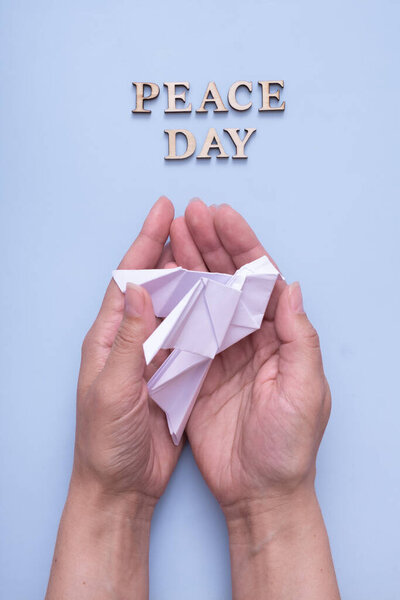 Texto Dia Paz Cartas Madeira Com Pomba Papel Branco Mãos — Fotografia de Stock