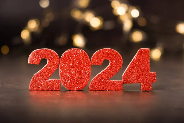 2024 Błyszczące Czerwone Cyfry Bokeh Tle Szczęśliwego Nowego Roku 2024 Obrazy Stockowe bez tantiem