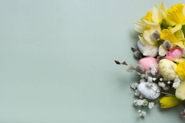 Nergisler, paskalya yumurtaları ve yeşil arka planda söğüt ve fotokopi alanı. Paskalya tebrik kartı şablonu.