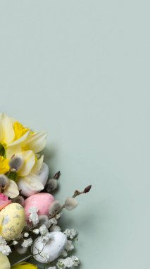 Nergisler, paskalya yumurtaları ve yeşil arka planda söğüt ve fotokopi alanı. Paskalya tebrik kartı şablonu dikey biçimi.