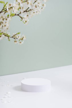 Boş podyum ya da bahar çiçekli kaide. Kozmetik ürünleri için bahar modeli.
