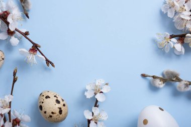 Paskalya yumurtaları ve mavi arka planda fotokopi alanı olan bir çiçek dalı. Paskalya minimalist modern tebrik kartı şablonu