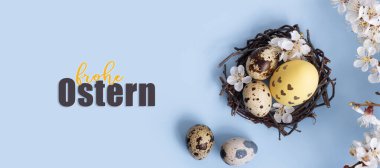 Frohe Ostern, Almanca Happe Paskalya mesajı. Mavi bir arkaplanda bir yuva ve bir çiçek dalı.