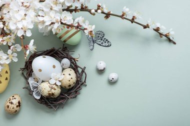 Yuvada çiçekli Paskalya yumurtaları ve pastel yeşil arka plan manzaralı kelebekler.