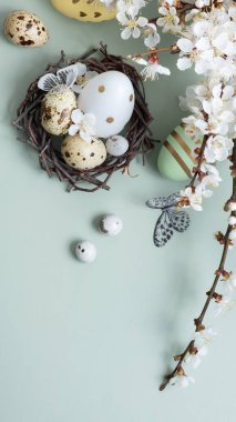 Yuvada çiçekli Paskalya yumurtaları ve pastel yeşil arka plan manzaralı kelebekler.