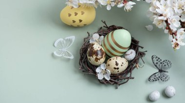 Yuvasında çiçeklerle Paskalya yumurtaları ve pastel yeşil arka planda kelebekler..