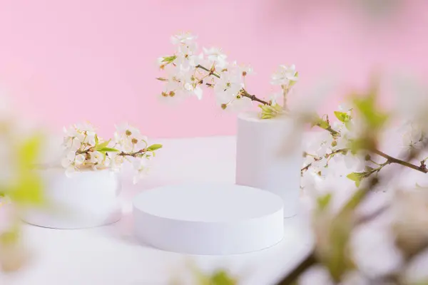 Empty podium or pedestal with spring bloom. Mock up for cosmetic products.