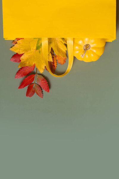 Autumn shopping and sales concept. Composition of autumn fallen leaves and shopping bag on green background.