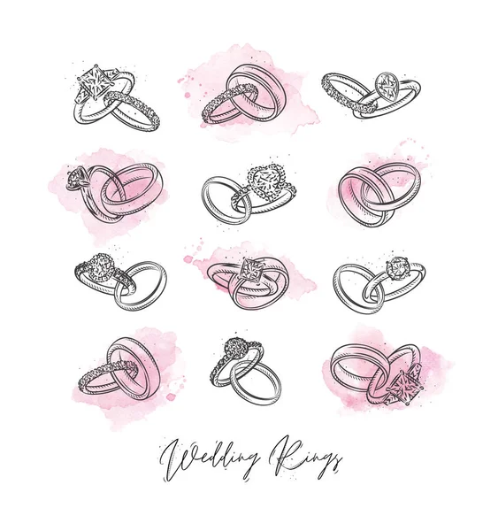 白色背景粉红斑点老式图形风格的婚戒和订婚戒指 — 图库矢量图片
