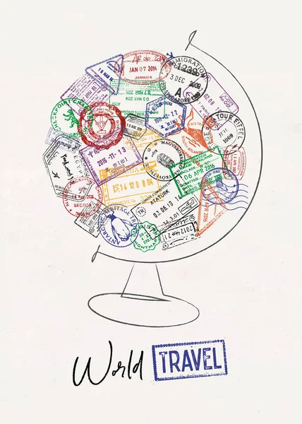 Глобус Виготовлений Паспортних Марок Різних Країн Написом Світового Стилю Подорожі — стоковий вектор