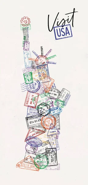 Vrijheidsbeeld Gemaakt Van Een Paspoort Stempels Verschillende Landen Met Belettering — Stockvector