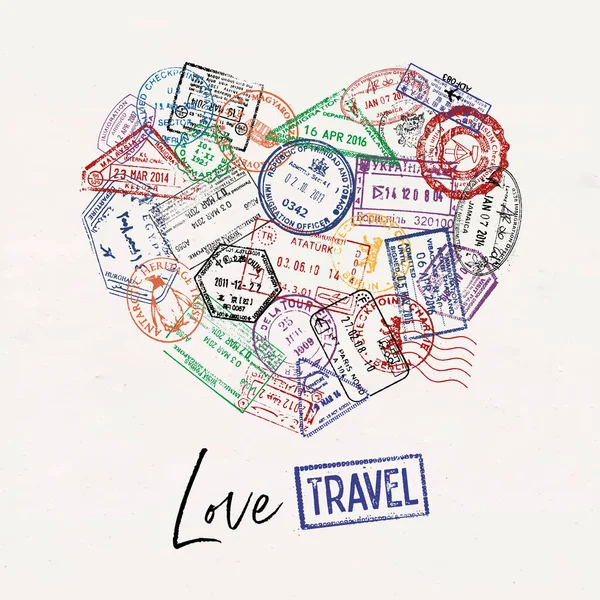 Kalp Pasaport Pullarından Yapılmış Farklı Ülkelerde Aşk Turu Posterleri Var — Stok Vektör
