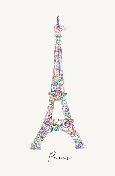Wieża Eiffla Wykonana Znaczków Paszportowych Różnych Krajów Napisem Stylu Paryskiego — Wektor stockowy