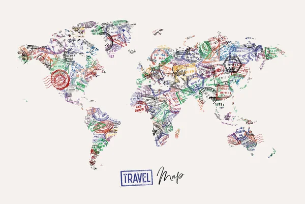 Bir Pasaport Pulundan Yapılmış Dünya Haritası Farklı Ülkelerin Poster Tarzını — Stok Vektör