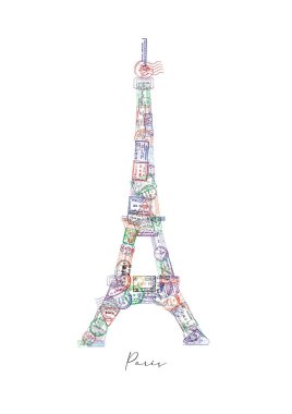 Eyfel Kulesi pasaport damgasından yapılmış. Farklı ülkelerde Paris posteri var.