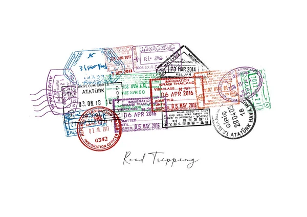 stock image Car made from a passport stamps different countries with lettering road tripping poster