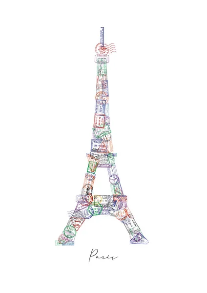 Wieża Eiffla Wykonana Znaczków Paszportowych Różnych Krajów Plakatem Paryskim — Zdjęcie stockowe