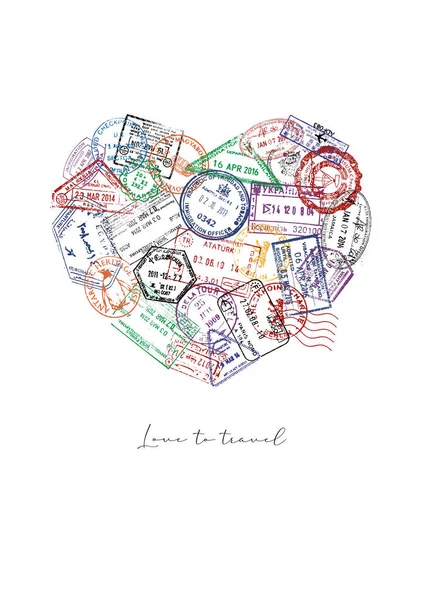 Szív Készült Útlevél Bélyegek Különböző Országok Betűző Szerelem Utazási Plakát — Stock Fotó