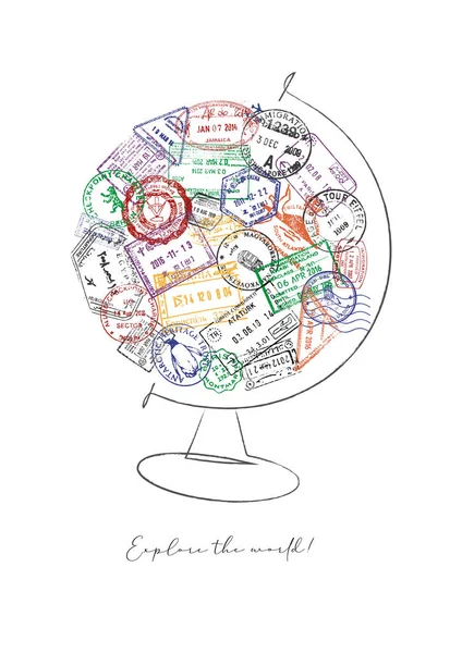 Stock image Globe made from a passport stamps different countries with lettering explore the world poster