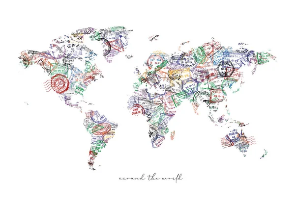 Travel Worldmap Made Passport Stamps Different Countries Lettering World Poster — Stock Photo, Image