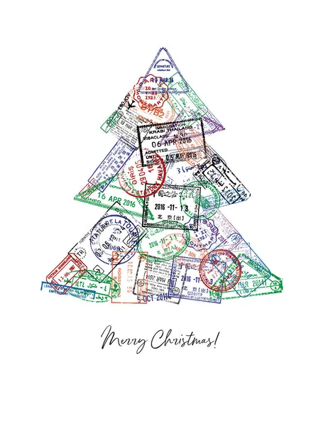 Christmas Tree Made Passport Stamps Different Countries Poster Style — Stock Photo, Image