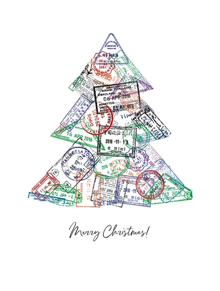 Christmas Tree Made Passport Stamps Different Countries Poster Style — Stock Vector