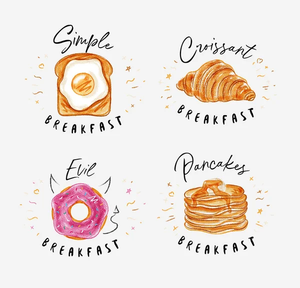 Snídaně Set Vejce Toust Francouzský Croissant Sladké Koblihy Palačinky Javorovým — Stockový vektor