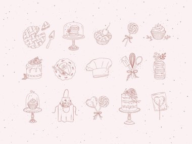 Bakery desserts and kitchen appliances in hand drawing style on peach background.