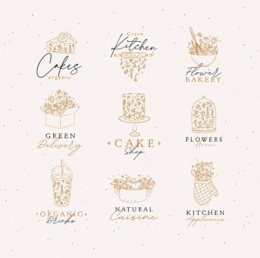 Sweets cooking appliances labels with flowers and lettering in hand drawing style on beige background