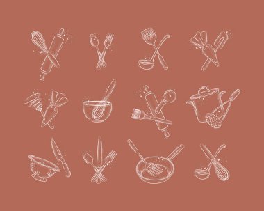 Yemek ve fırın hazırlamak için mutfak malzemeleri mercan arka planda grafik şeklinde çizim