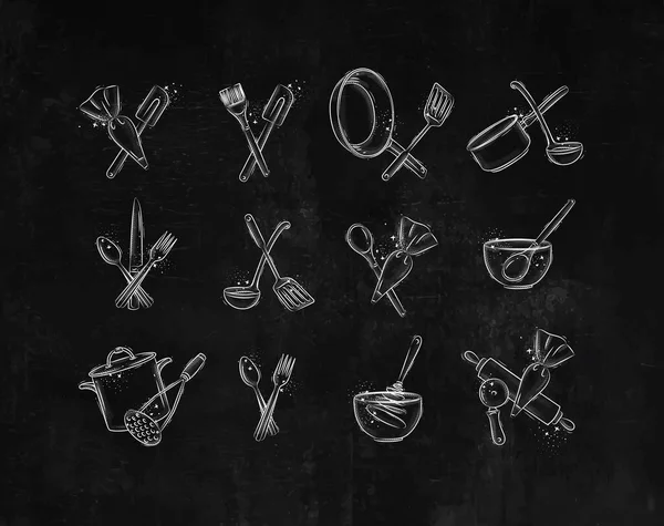 Kitchen Appliances Prepare Food Bakery Drawing Graphic Style Black Background — Stockvektor