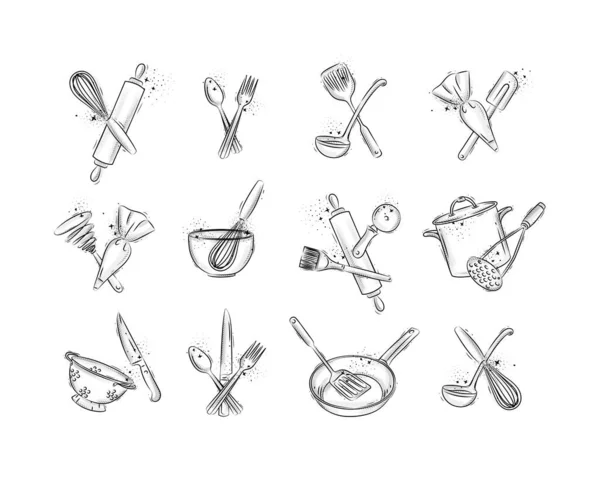 Kitchen Stuff Prepare Food Bakery Drawing Graphic Style Grey Background — Stock Vector