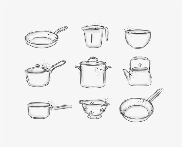 Kitchen Appliences Everyday Cooking Drawing Graphic Style Grey Background — Stock Vector