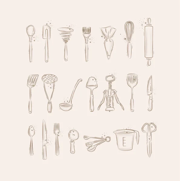Kitchen utensils to prepare food and bakery drawing in graphic style on beige background