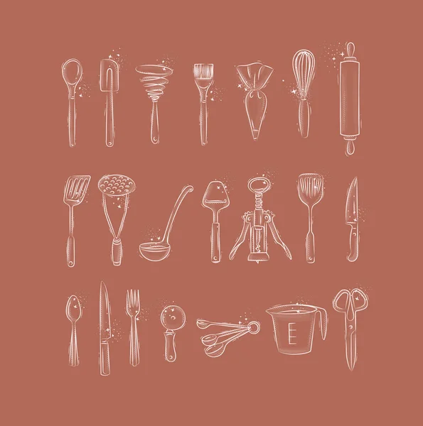 Kitchen Utensils Prepare Food Bakery Drawing Graphic Style Coral Background — Stock Vector