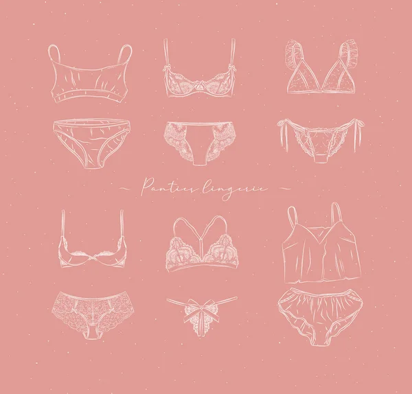 Lingerie Set Panties Bras Graphic Style Drawn Peach Background — Stock Vector