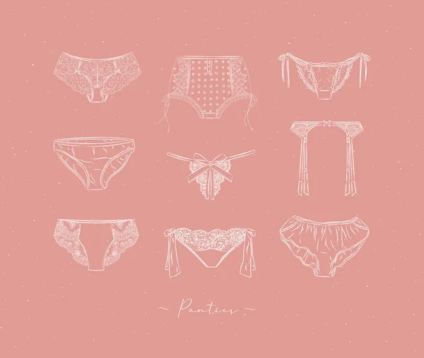 Lace Sexy Panties Collection Drawn Graphic Style Peach Color Background — Stock Vector