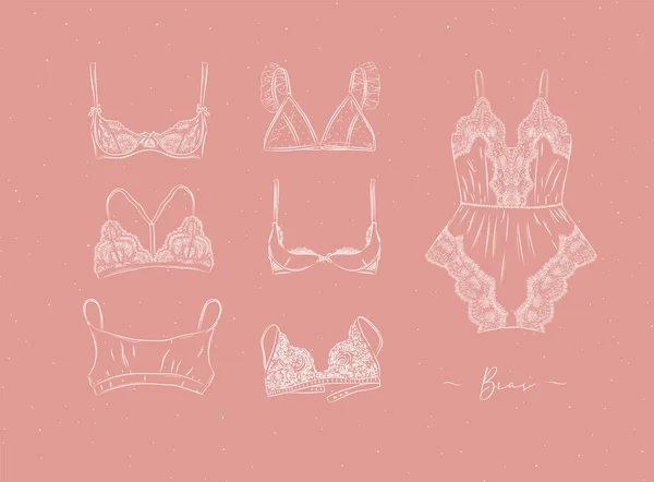 在桃色背景中以图形风格绘制的蕾丝性感胸罩系列 — 图库矢量图片