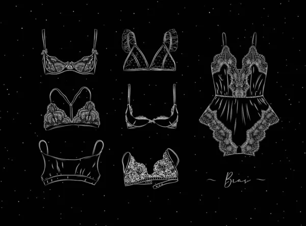 Lace Sexy Beha Collectie Getekend Grafische Stijl Zwarte Kleur Achtergrond — Stockvector