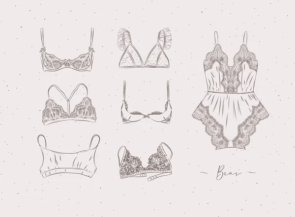 Lace Sexy Bras Collection Drawn Graphic Style Beige Color Background — Stock Vector