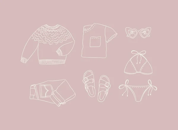 服のセーター Tシャツ メガネ ジーンズ パンツ スリッパ サンダルのセット女性のための現代旅行桃の背景に手書きスタイルで見る — ストックベクタ
