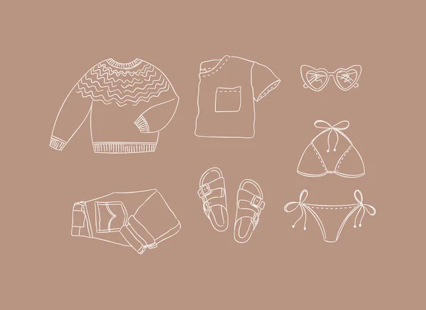 服のセーター Tシャツ メガネ ジーンズ パンツ スリッパ サンダルのセット女性のための現代的な旅行茶色の背景に手書きスタイルで見る — ストックベクタ